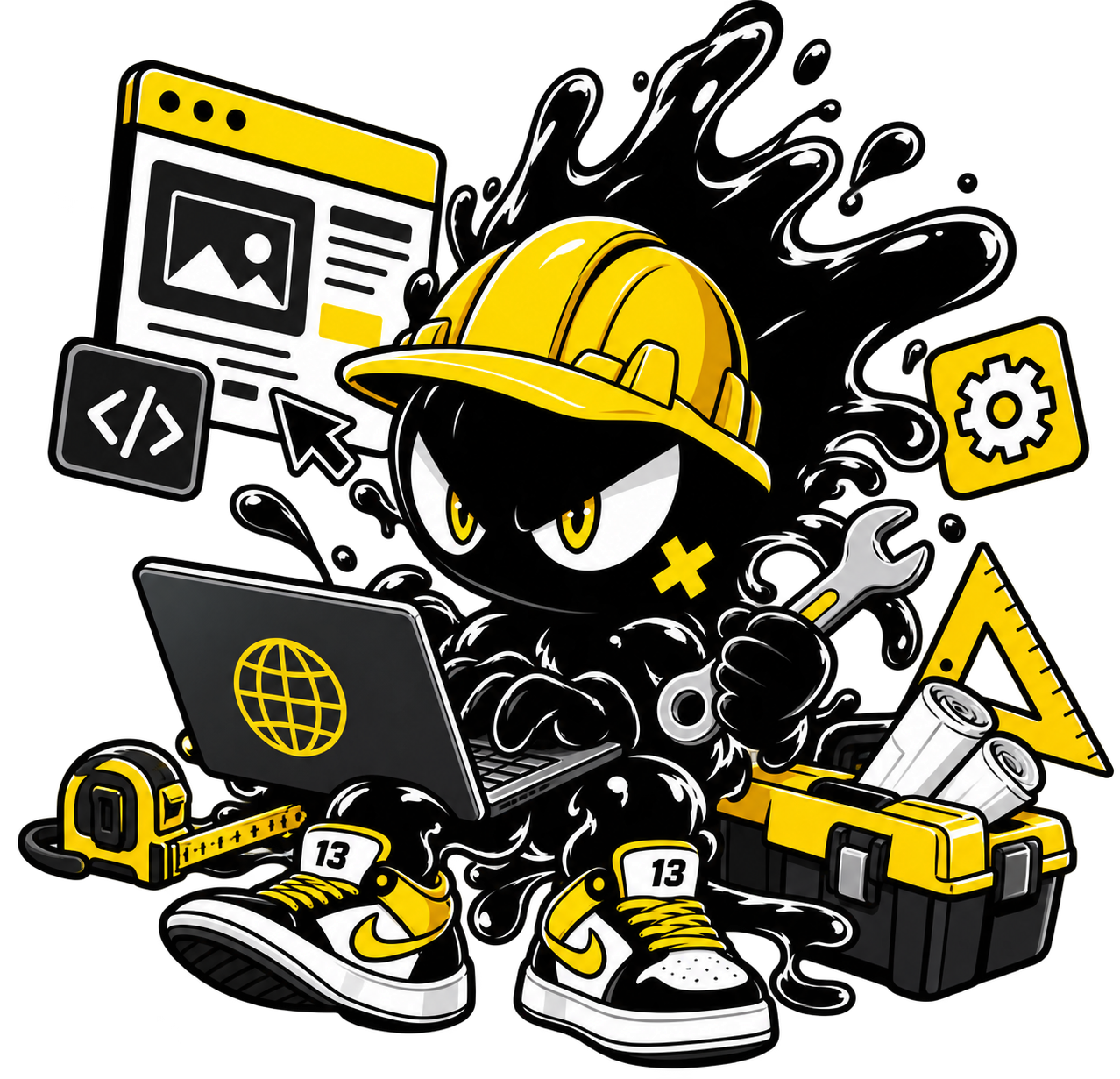 Personaje de TINTA13 construyendo la web